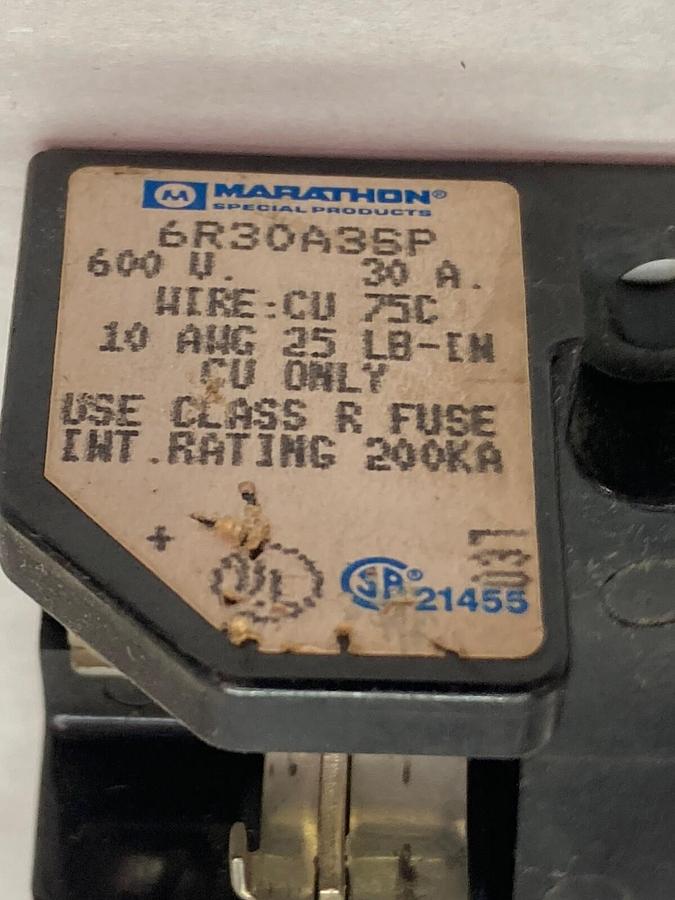Used Marathon,6R30A35P,Fuseholder 600v 30a 200ka