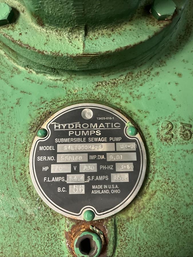 Used HYDROMATIC,S4L2000M3-4,SUBMERSIBLE SEWAGE PUMP 20HP 230V 3 PH 4"
