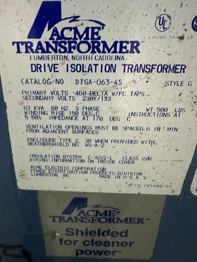 Used Acme,DTGA-063-4S,63 KVA Transformer HV 460 Delta- LV 230Y/133V 3PH