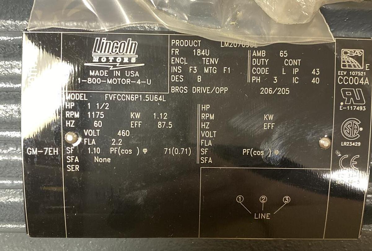 Lincoln,LM20709,1-1/2HP 3 PH 460V 1175RPM Frame 184U