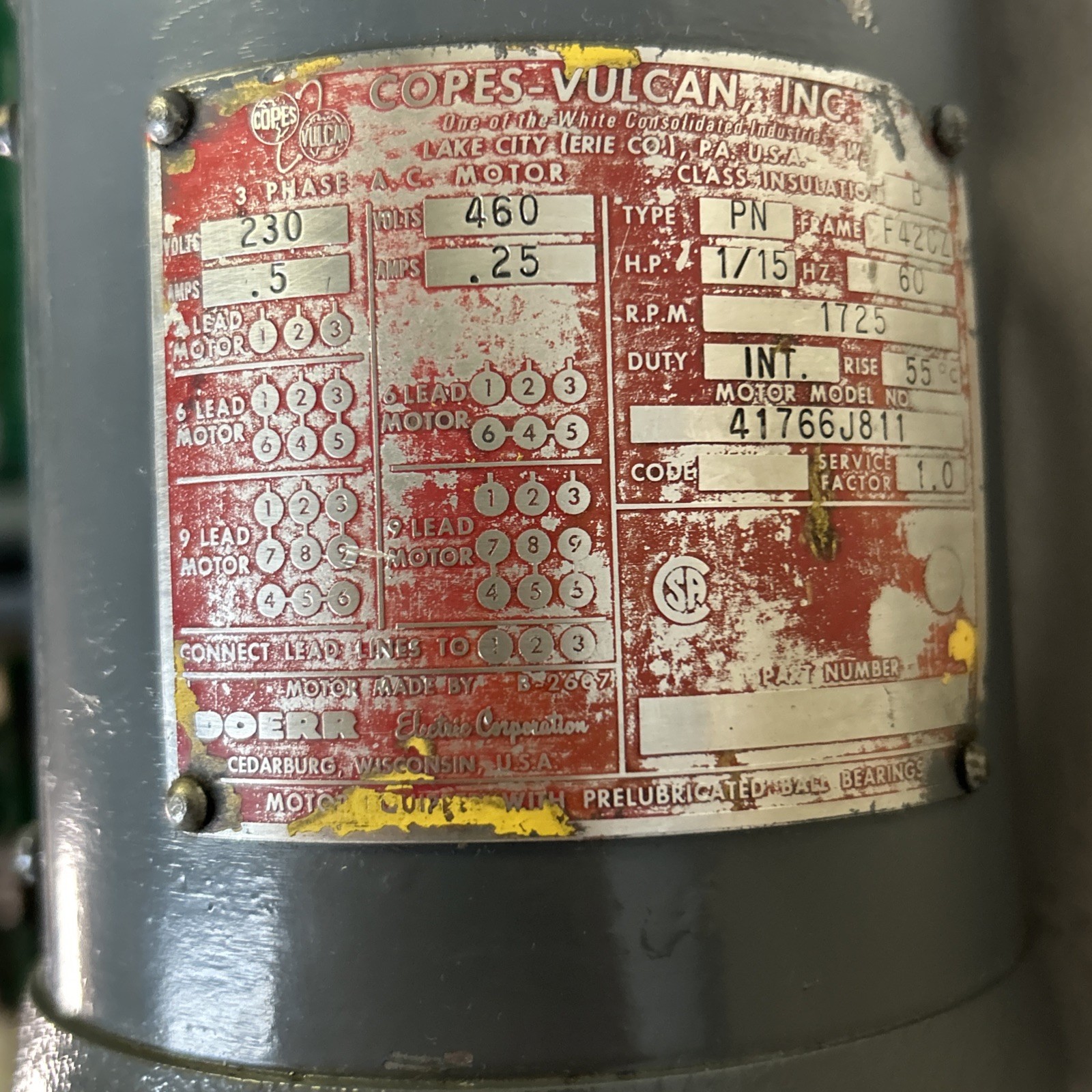 Used COPES VULCAN,41766J811,AC MOTOR 1/15HP 230/460V 1725RPM 3PH F42CZ FRAME