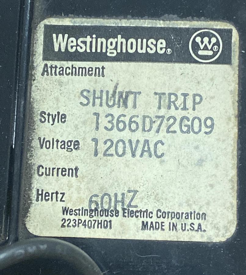 WESTINGHOUSE,1366D72G09,SHUNT TRIP 50Amp 120V NOS