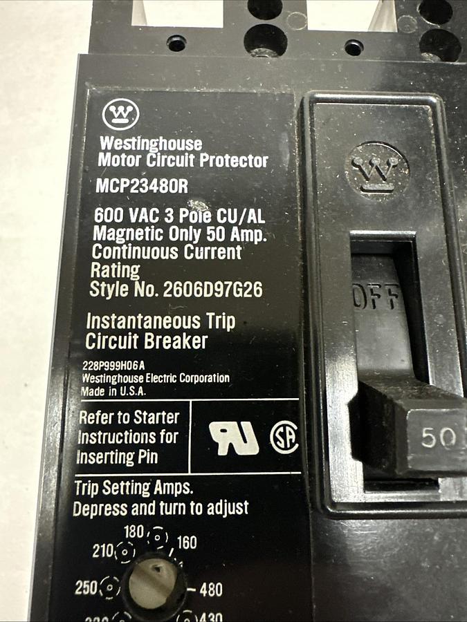 Used Westinghouse,MCP23480R,50 Amp 3 Pole Instant Trip Circuit Breaker