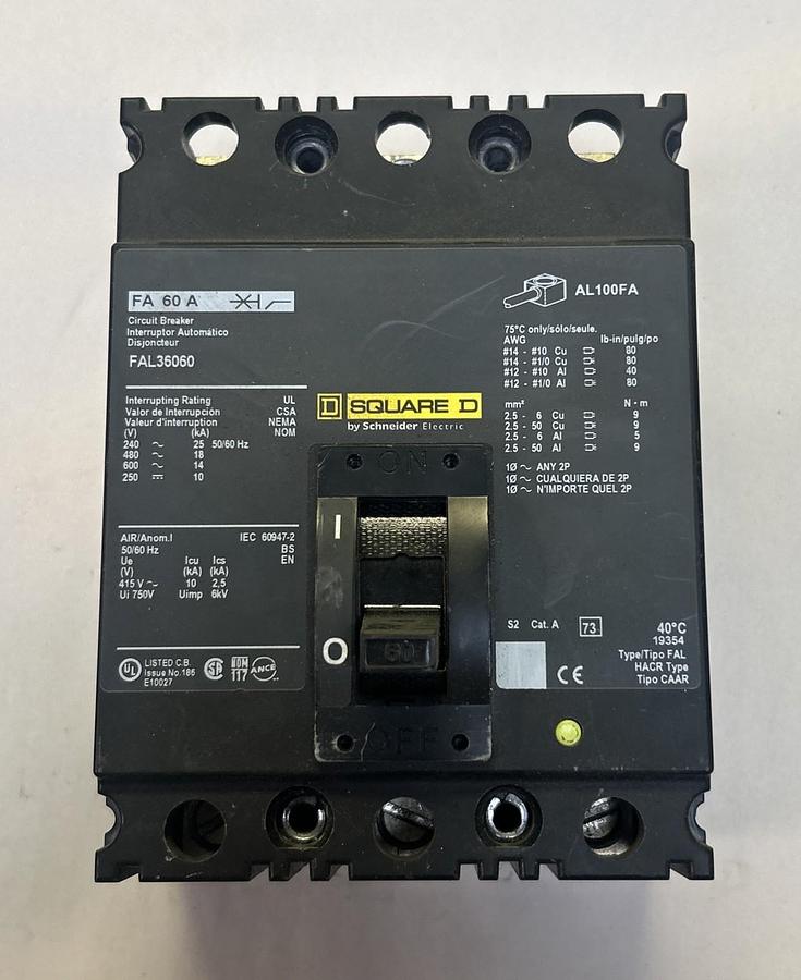 Used SQUARE D,FAL36060,CIRCUIT BREAKER 100A 600V 3P