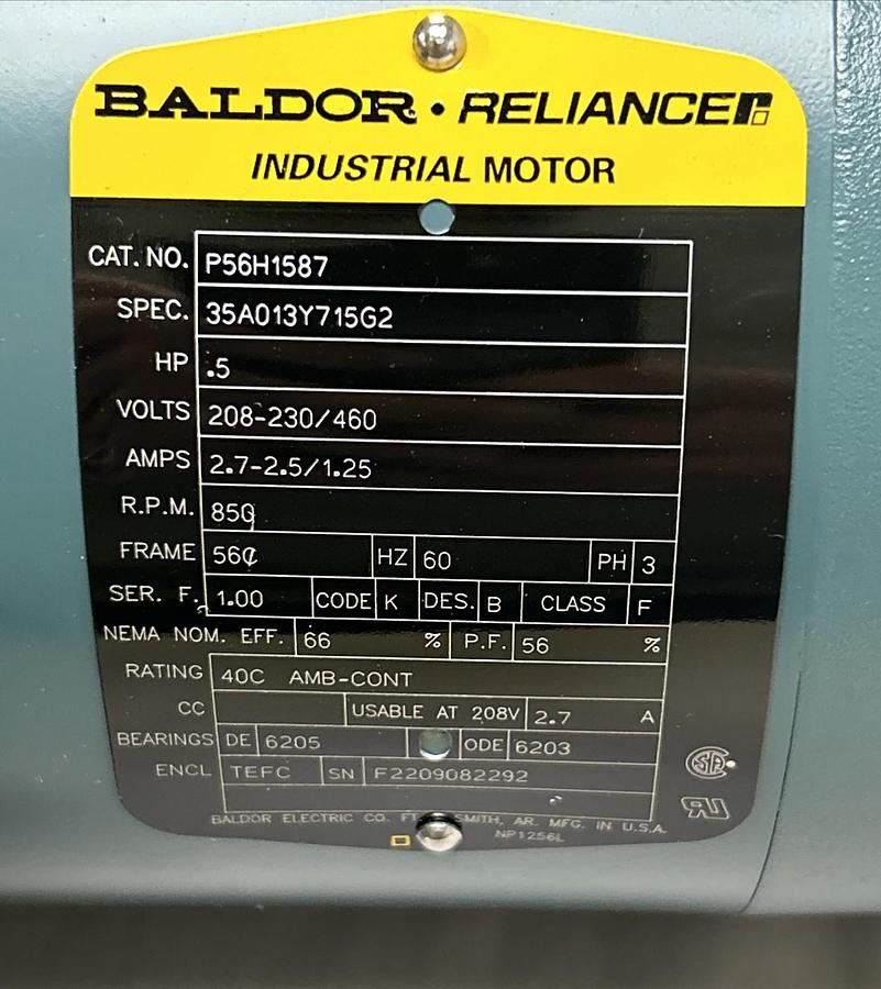 BALDOR,P56H1587,MOTOR 1/2HP 850RPM 208-230/460V 53PH 6C FRAME NOS