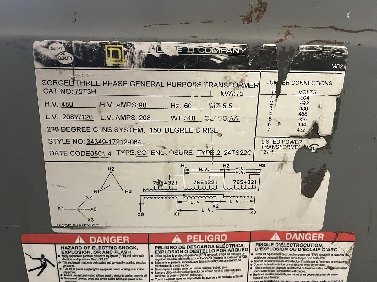Used SQUARE D,75T3H,TRANSFORMER 75KVA 3PH HV 480V LV 208Y/120V
