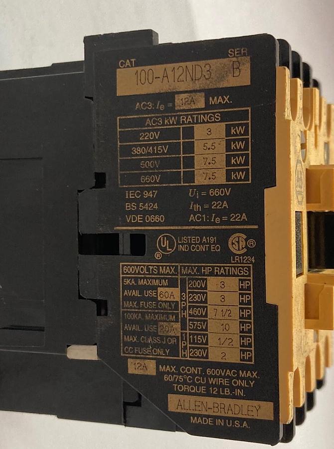 Used Allen-Bradley,100-A12ND3,Contactor Ser B
