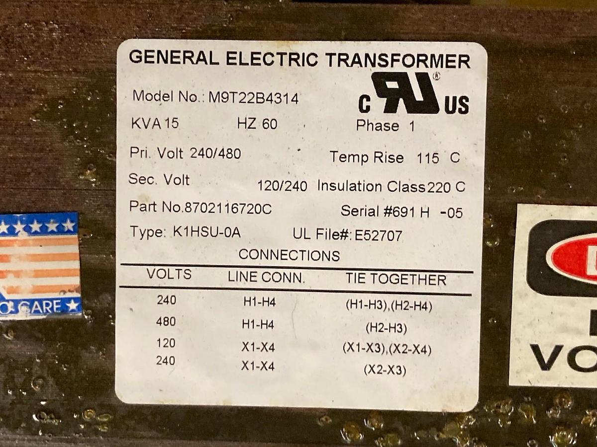 Used GE,M9T22B4314,1-Phase Open Transformer 15 KVA 240/480 to 120/240V