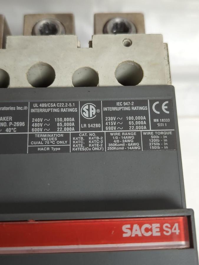 Used ABB,S4H,SACE PR211 CIRCUIT BREAKER 250 AMP PRE-OWNED
