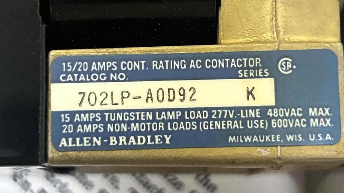ALLEN BRADLEY,702LP-A0D92,AC LIGHTING CONTACTOR 20A 120V NOS