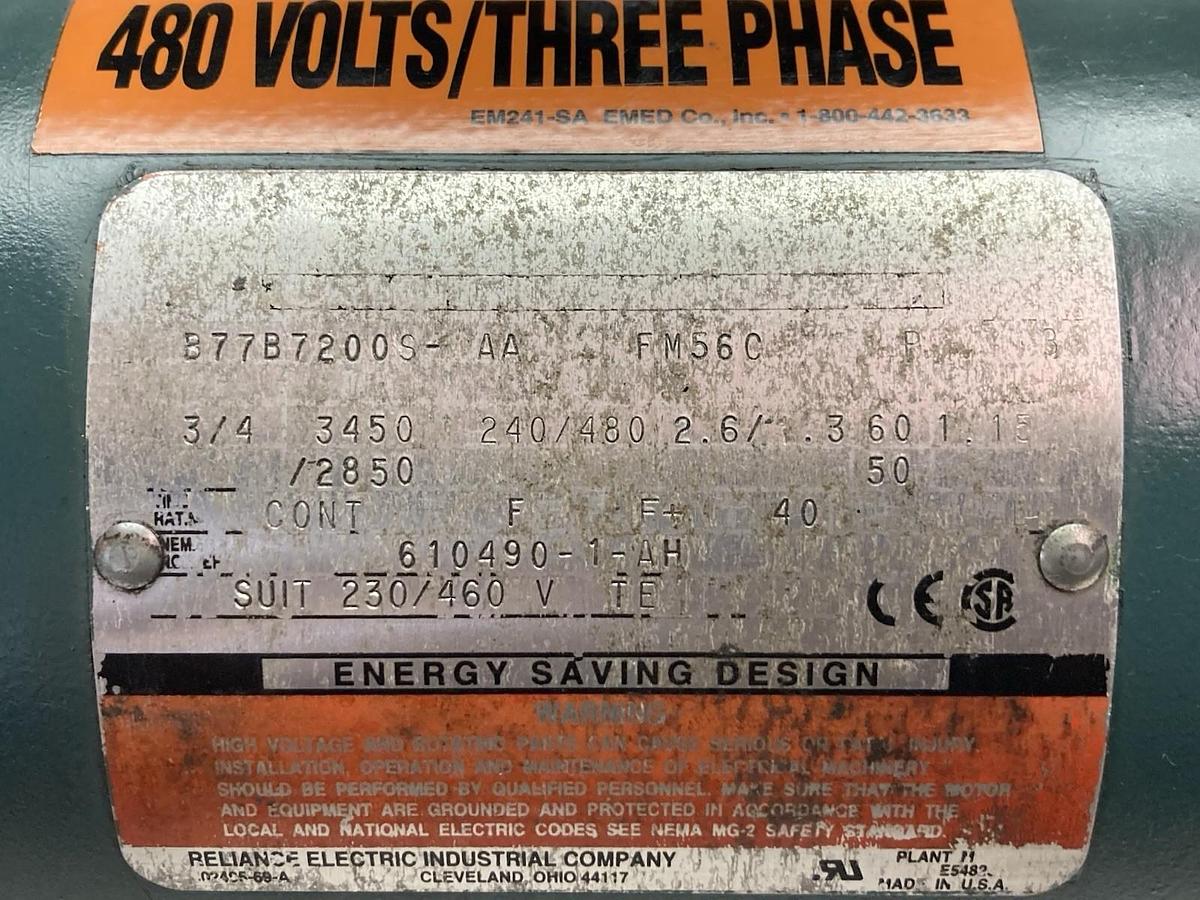 Used Reliance,B77B7200S-AA,3-Phase Electric Motor Blower 3/4 HP 3450/2850RPM 240/480V