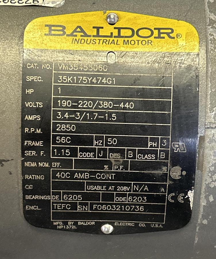 Used BALDOR,VM35455060,INDUSTRIAL MOTOR 1HP 2850RPM 190-220/380-440V 3PH 56C FRAME