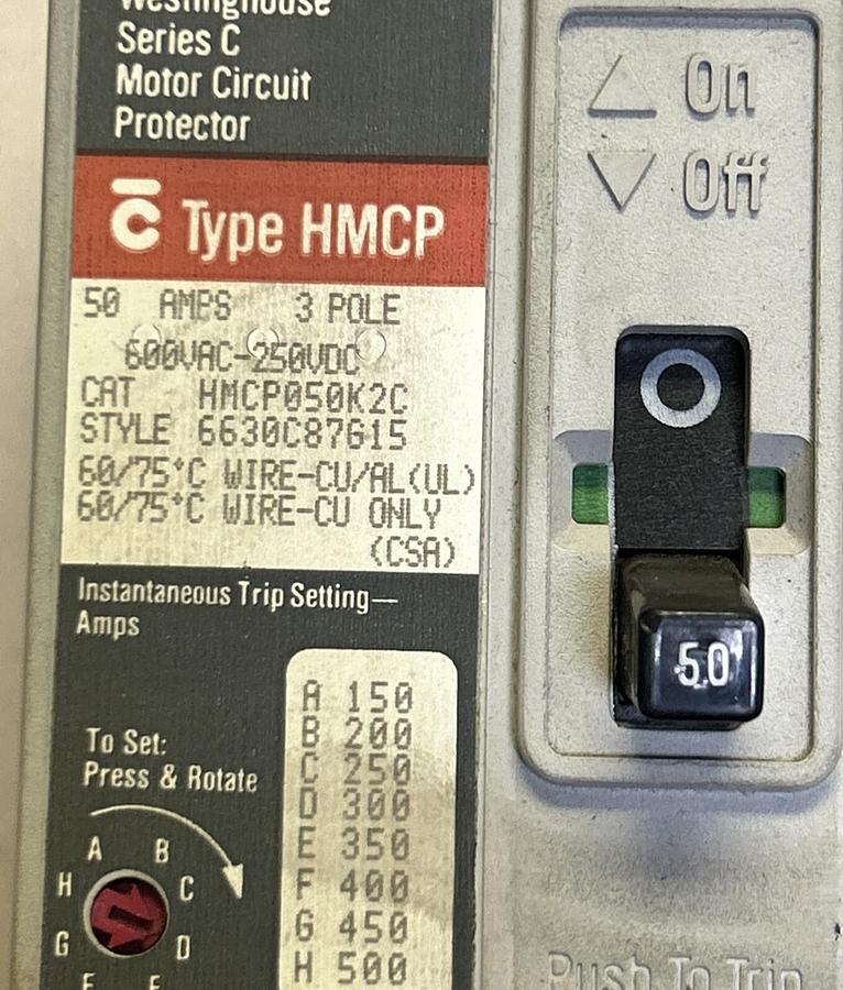 Used WESTINGHOUSE,HMCP050K2C,CIRCUIT BREAKER 50A 600V 3P