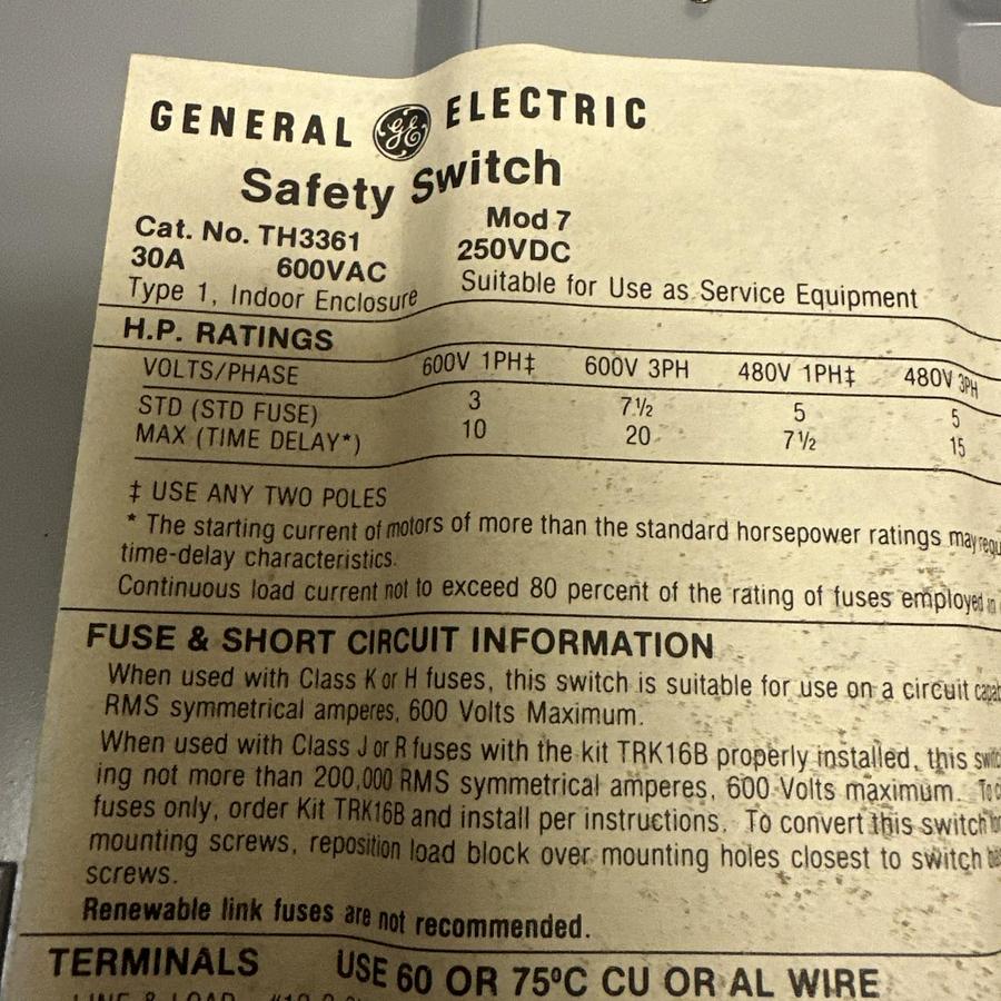 General Electric,TH3361,30A 600VAC 250VDC Safety Switch