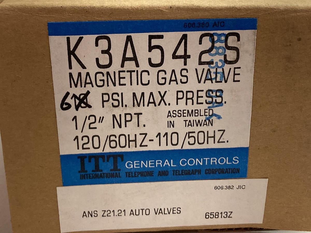 Used ITT,K3A542S,Gas Valve  1/2” NPT 120/60HZ-110/50HZ