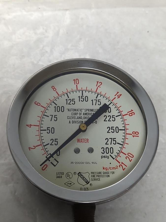 Used ASHCROFT,35-2000A-03L-XUL,WATER GAUGE 0-300PSIG 0-21 KG/CM2 PRE-OWNED