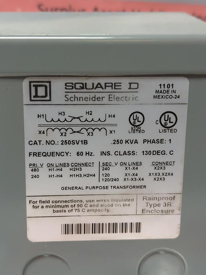 SQUARE D,250SV1B,GENERAL PURPOSE TRANSFORMER PRE-480-240V SEC-240/120-120/240