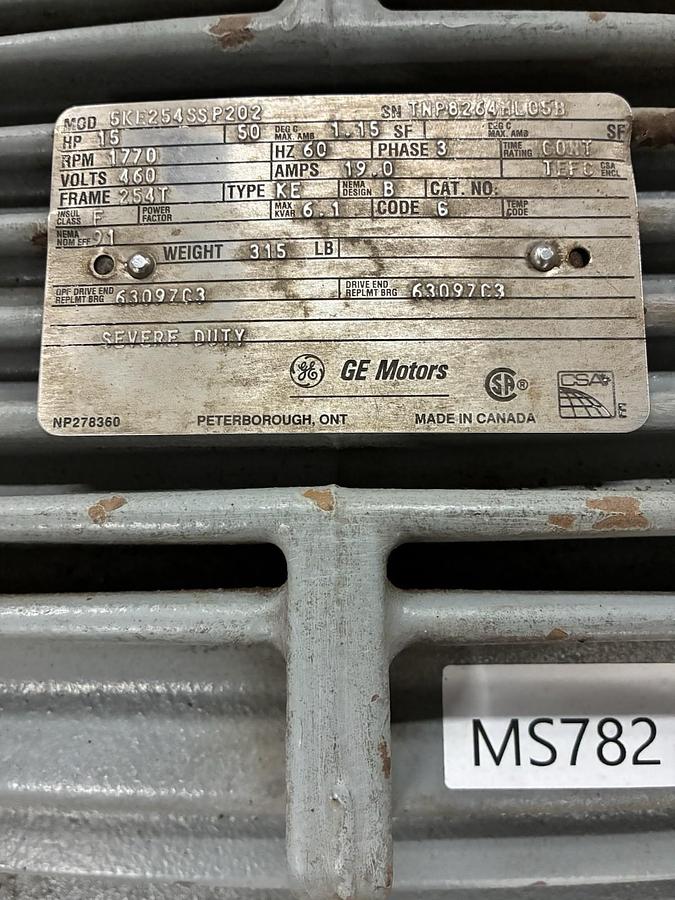Used GE,5KE254SSP202,SEVERE DUTY MOTOR 15HP 1770RPM 3PH 460V 254T