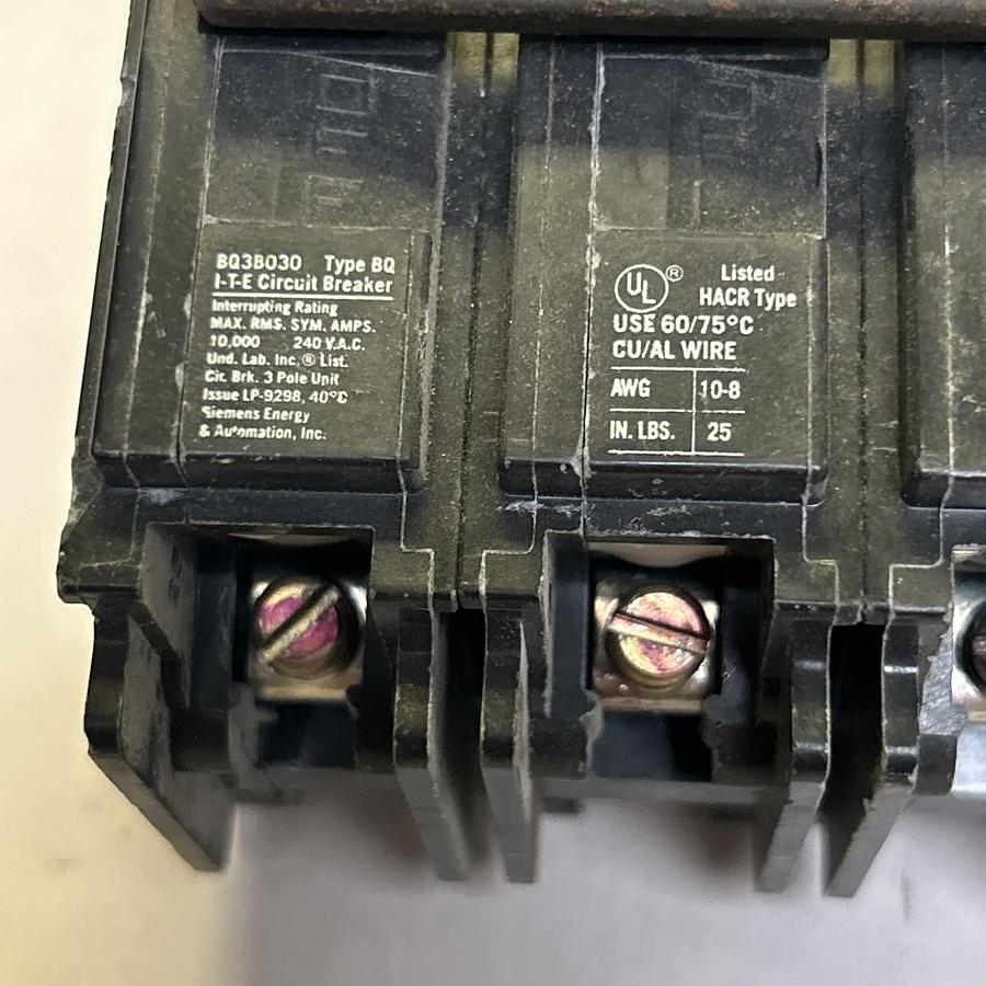 Used ITE,BQ3B030,CIRCUIT BREAKER 30AMP 240VOLT 3POLE LOT OF 3