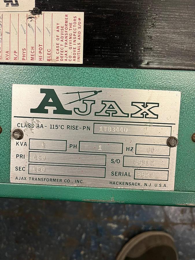 Used AJAX,1T83440,TRANSFORMER 1KVA 1PH PRI 480V SEC 120V