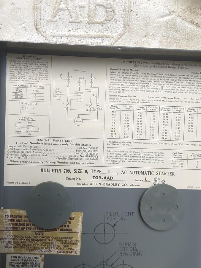 ALLEN BRADLEY,709-AAD,AC AUTOMATIC STARTER TYPE 1 SIZE 0 SERIES L NOS