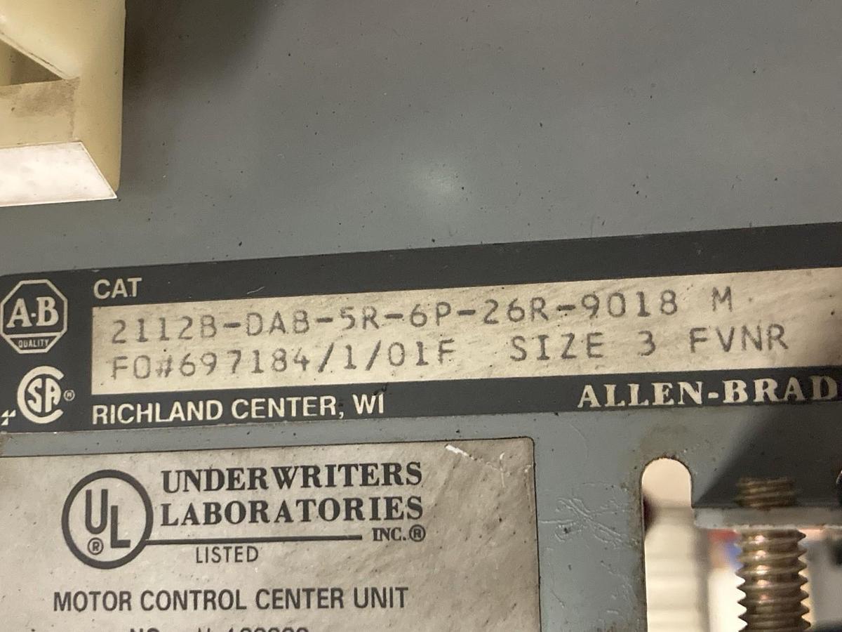Used Allen-Bradley,2112B,Size 3 32 INCH Fused MCC Starter Feeder Bucket 480V 60Hz