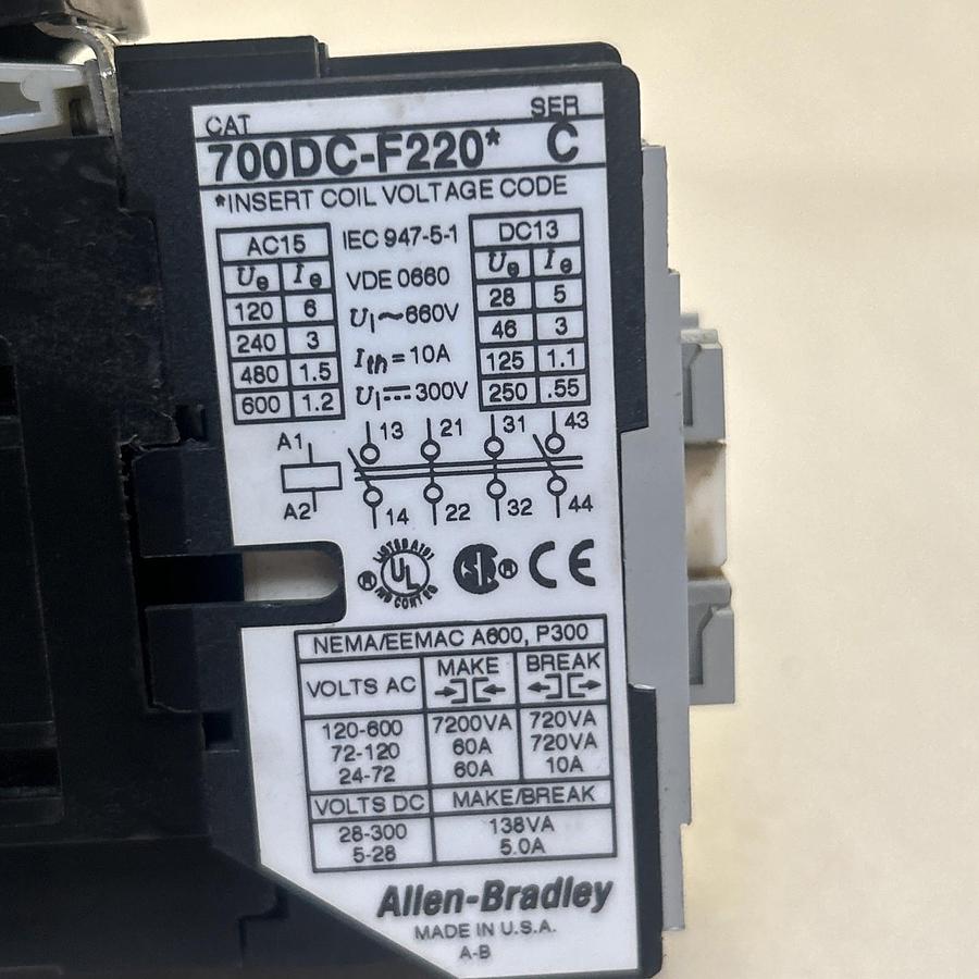 Used ALLEN BRADLEY,700DC-F220,CONTACTOR 24VDC COIL