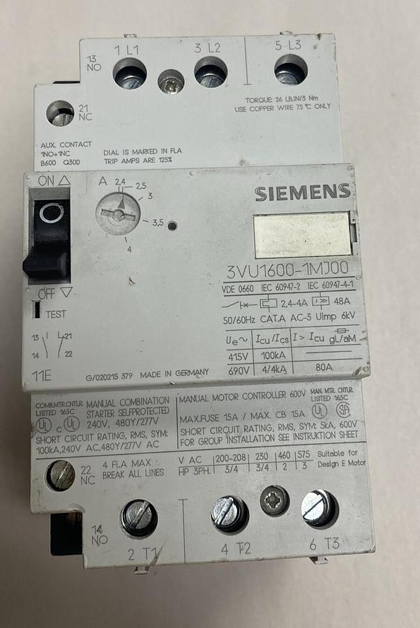 Siemens,3VU1600-1MJ00,Manual Motor Control 600V
