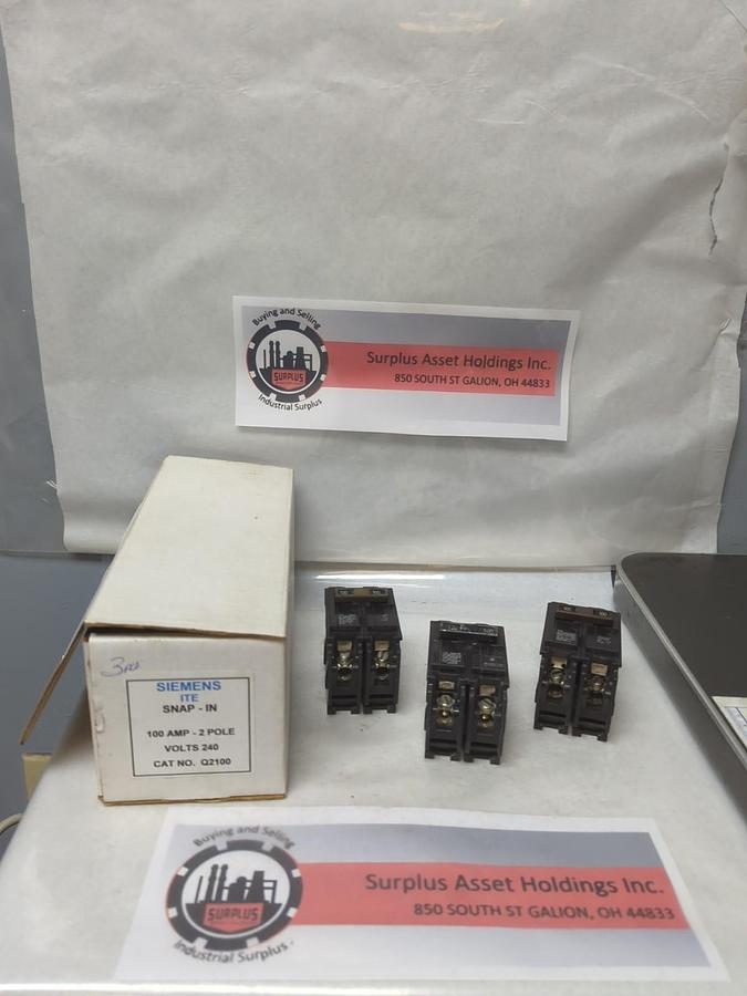 Used SIEMENS,Q2100,CIRCUIT BREAKER 100 AMP 2-POLE LOT OF 3 PRE-OWNED