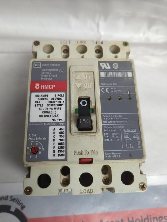 Used CUTLER HAMMER,HMCP150T4,MOTOR CIRCUIT PROTECTOR 150 AMP 600V 3-POLE PRE-OWNED