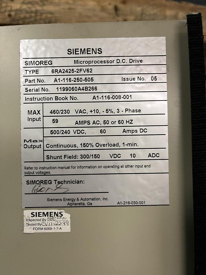 Used SIEMENS,6RA2425-2FV62,MICROPROCESSOR DC DRIVE 60 AMPS