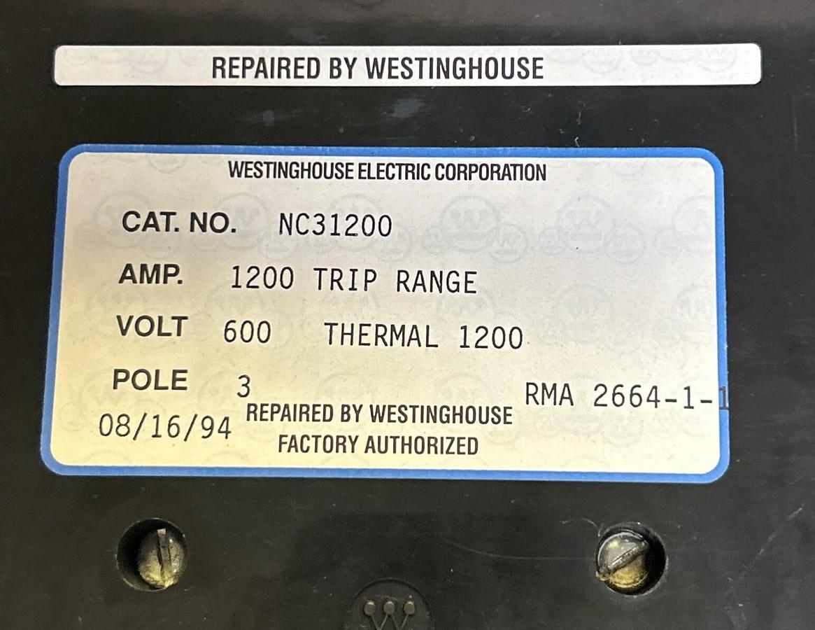 Used WESTINGHOUSE,NC31200,CIRCUIT BREAKER 1200A 600V 3P REFURBISHED