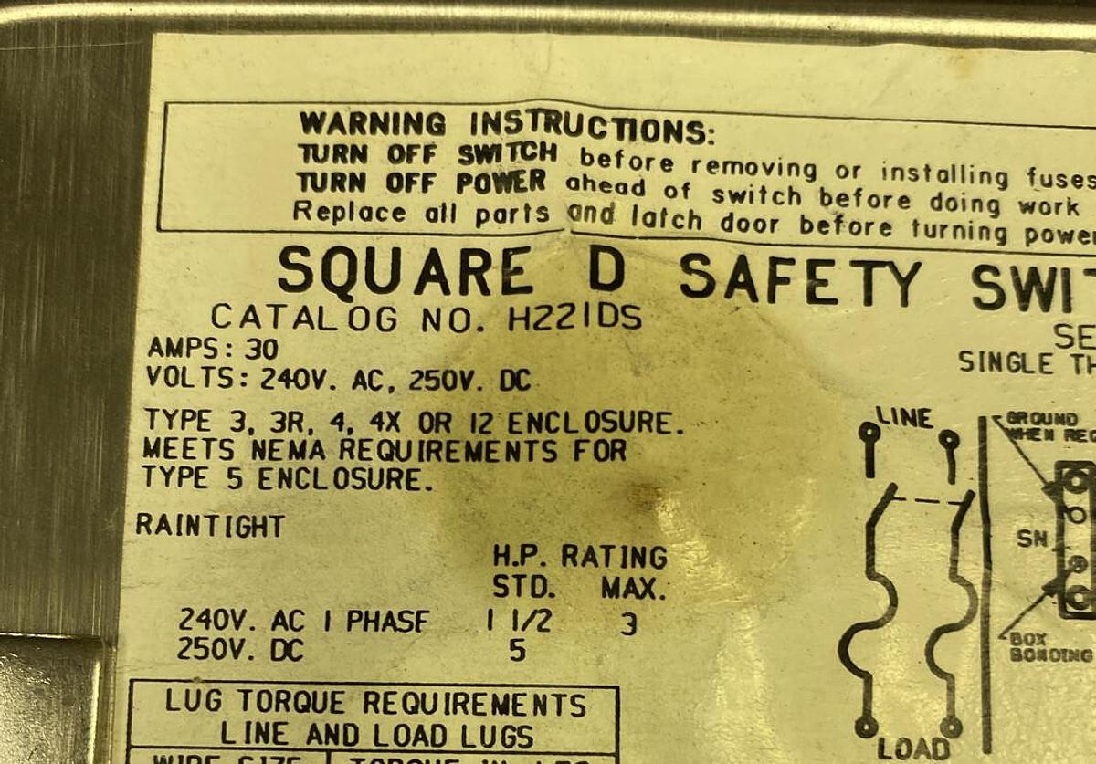 Used Square D,H221DS,Stainless Safety Switch 30AMP 240V