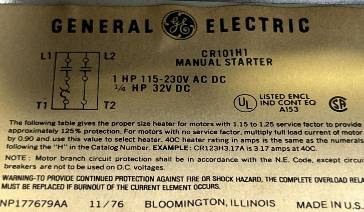 GENERAL ELECTRIC,CR101H1,MANUAL STARTER NOS