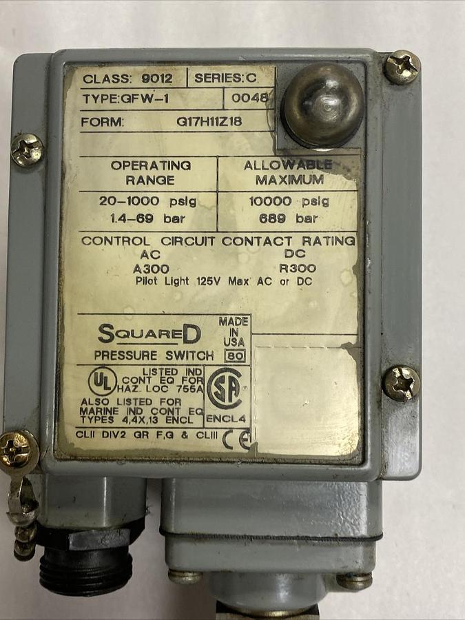 Used Square D,9012,GFW-1 Series C Pressure Switch