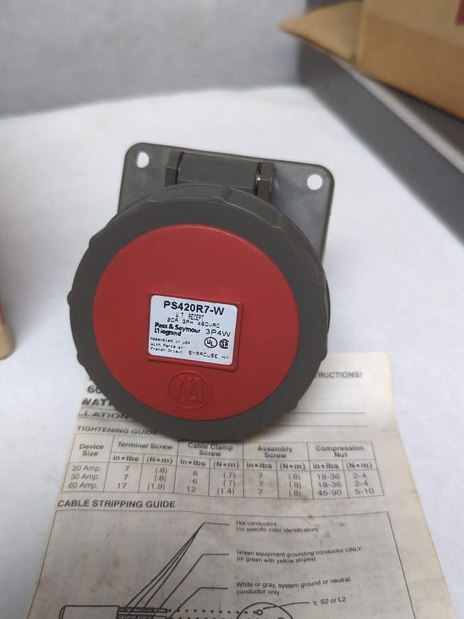 PASS & SEYMOUR,PS420R7-W,PIN & SLEEVE W.T. RECEPTACLE 20A 3PH 480VAC NOS