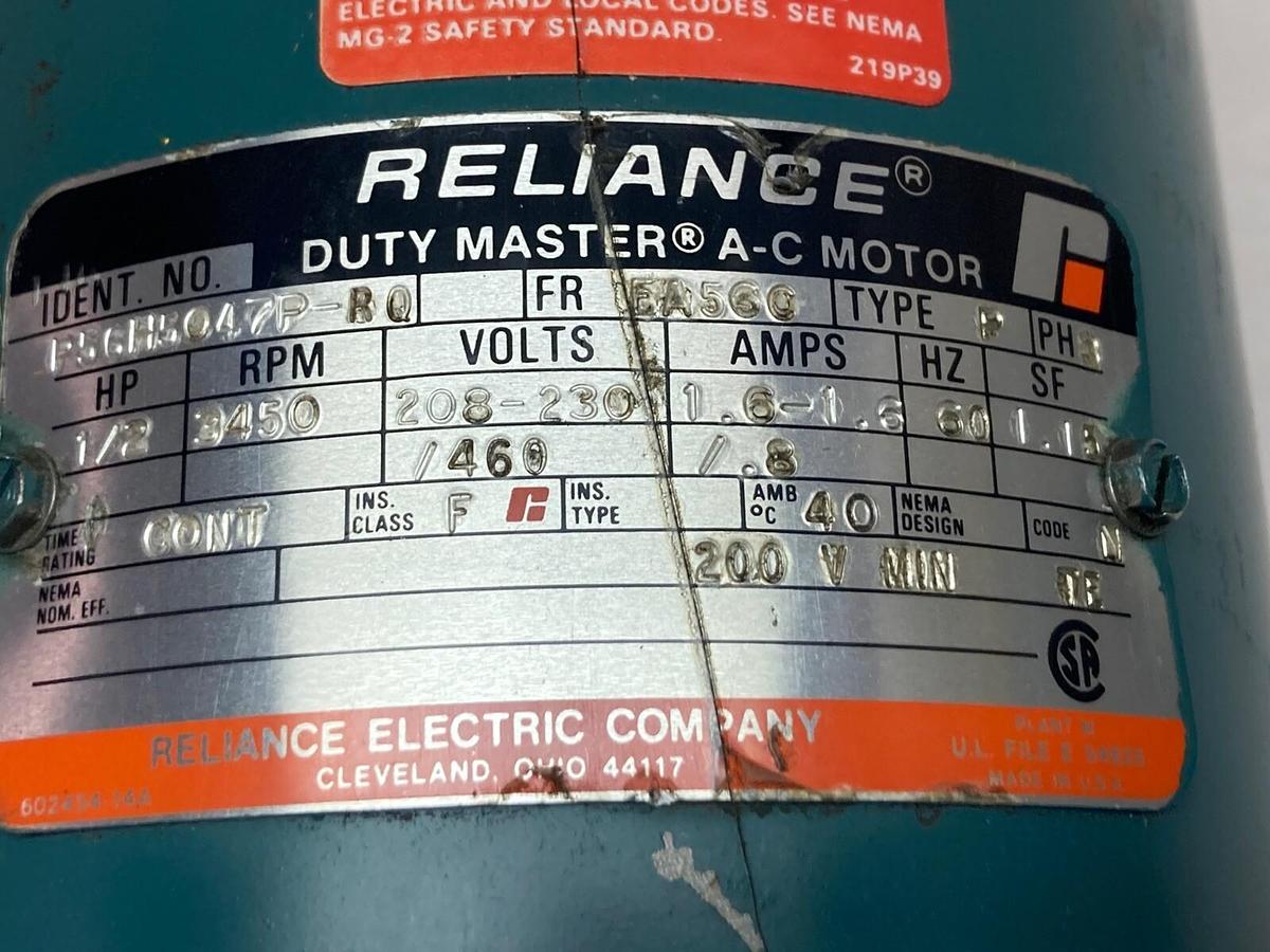 Used Reliance,P56H5047P-RQ, Duty Master Motor 1/2HP 3450RPM 3PH FA56C
