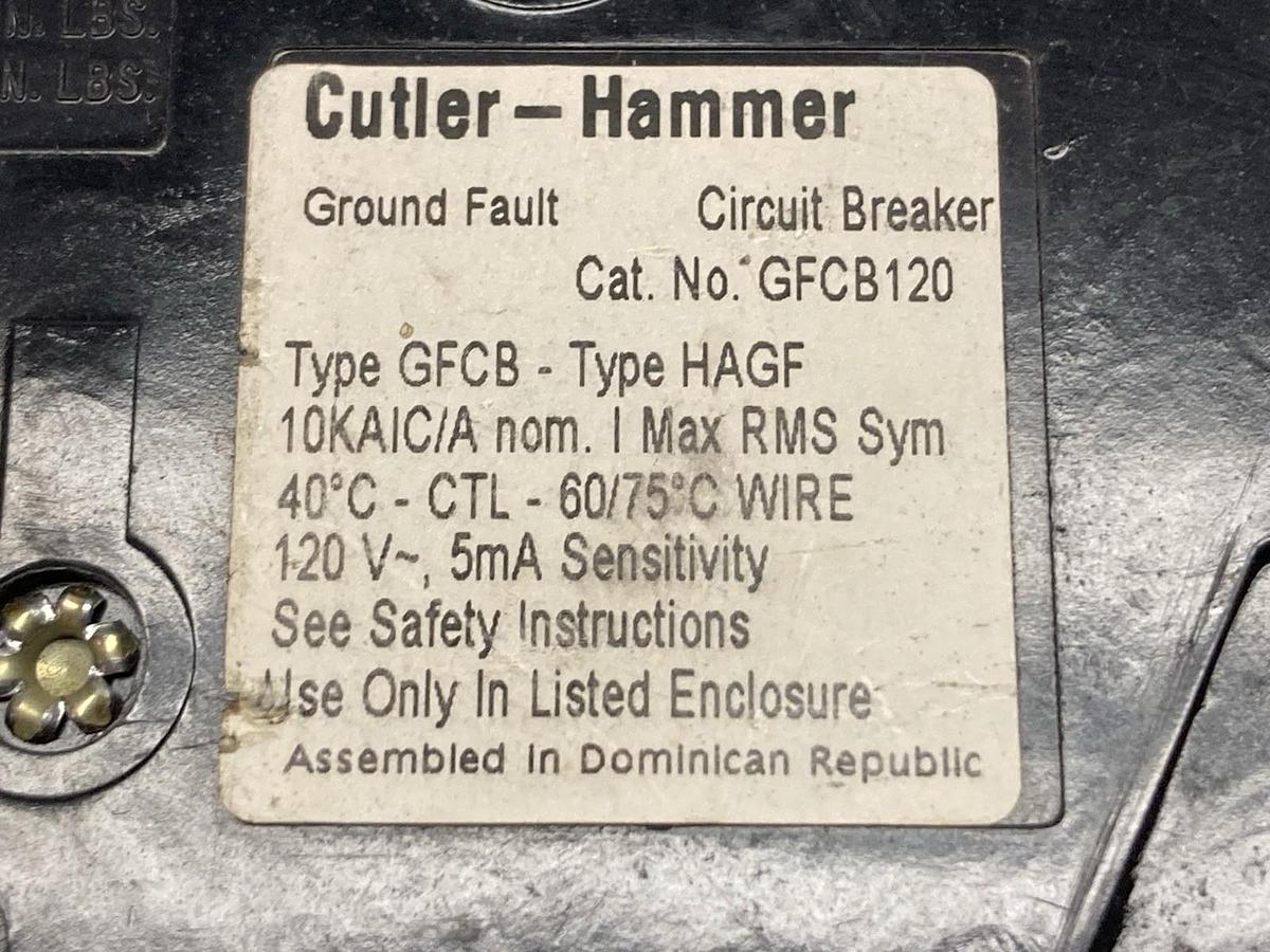Used Cutler-Hammer,GFCB120,1-Pole Ground Fault Circuit Breaker 20A 120V