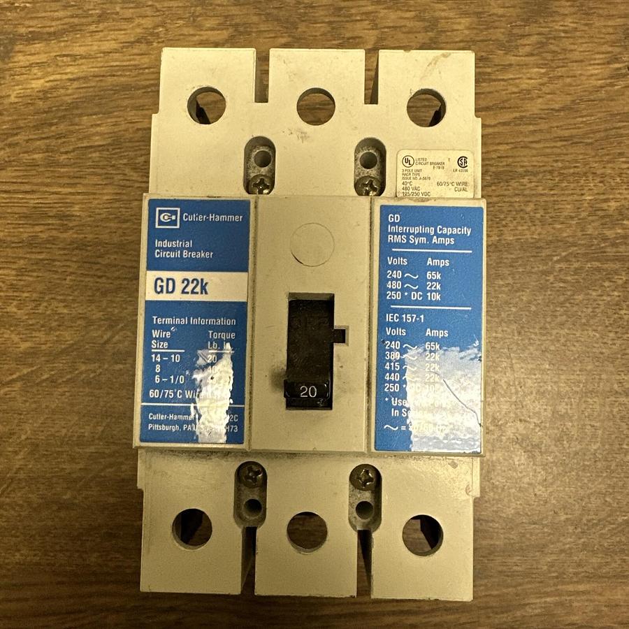 Used Cutler Hammer,GD-22K,20Amp Circuit Breaker
