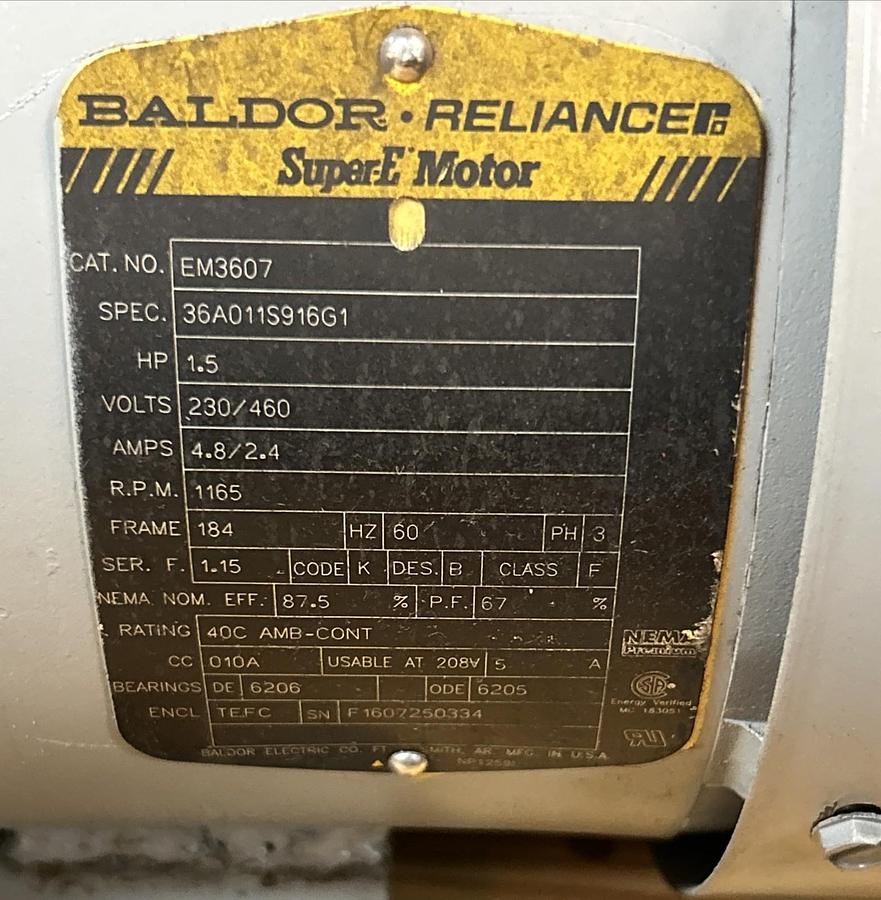Used BALDOR,EM3607,SUPER-E MOTOR 1.5HP 1165RPM 230/460V 3PH 184 FRAME