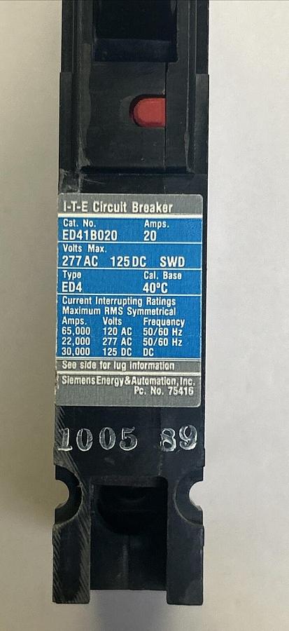 Used SIEMENS,ED41B020,CIRCUIT BREAKER 20A 277V 1P