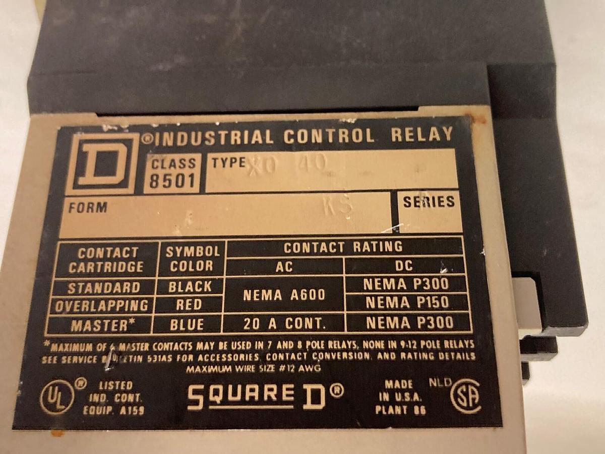 Used Square D,Class 8501 Type X0 40,Industrial Control Relay Cool Rating 24/60