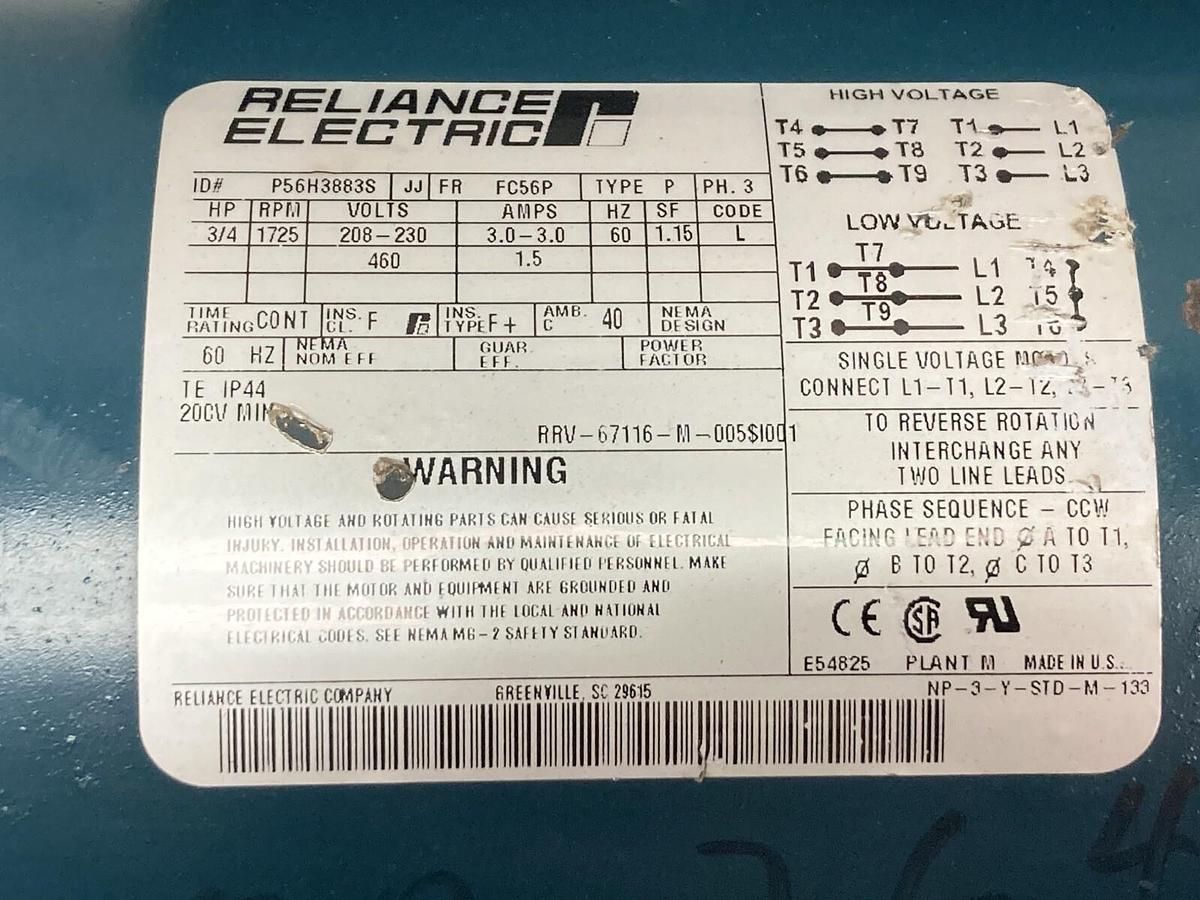 Used Reliance,P56H3883S,Motor 3/4HP 1725RPM 3PH FC56P