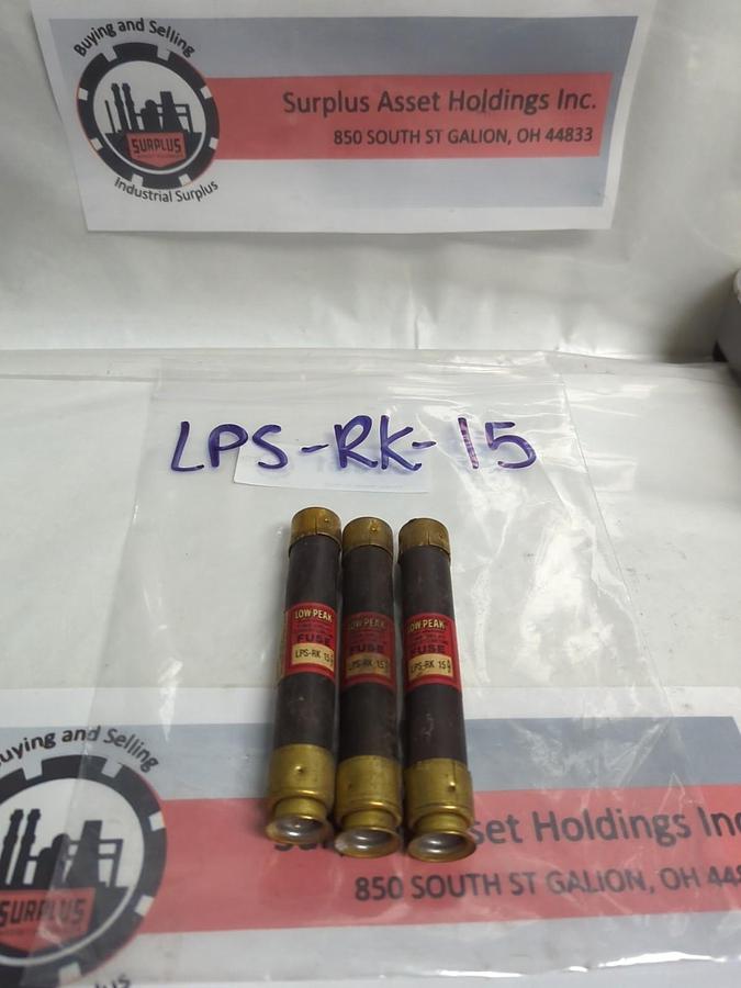 Used COOPER BUSSMANN,LPS-RK-15,LOW-PEAK 15 AMP FUSE LOT OF 3 PRE-OWNED