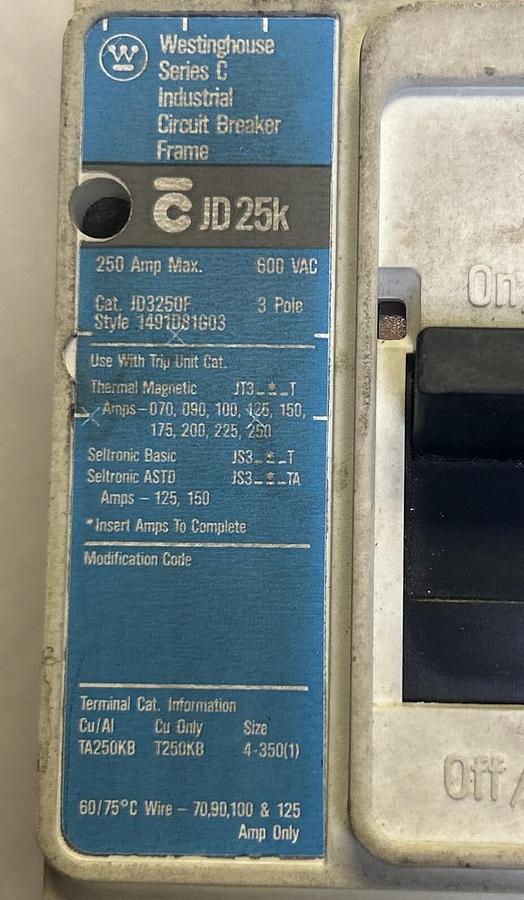 Used WESTINGHOUSE,JD3250F,CIRCUIT BREAKER 250A 600V 3P