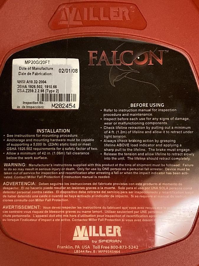 Falcon Miller,MP20G/20FT,Self Retracting Lifeline