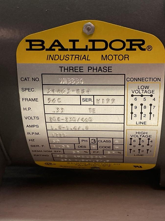 Baldor,VM3534,3-Phase Inudstrial Motor 0.33Hp 208-230/460V Frame 36C