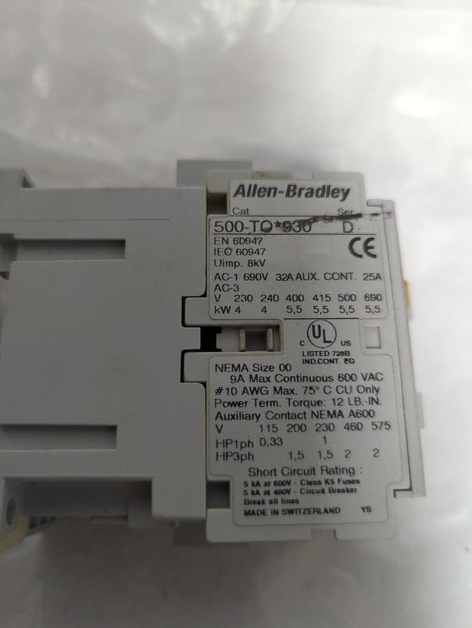 Used ALLEN BRADLEY,500-TO*930,SERIES D CONTACTOR NEMA SIZE 00 LOT OF 2 PRE-OWNED