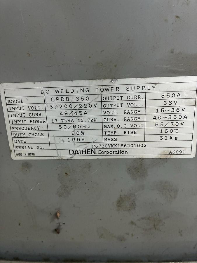 Used OTC DAIHEN,CPDB-350,DC WELDING 350EX POWER SUPPLY 350A
