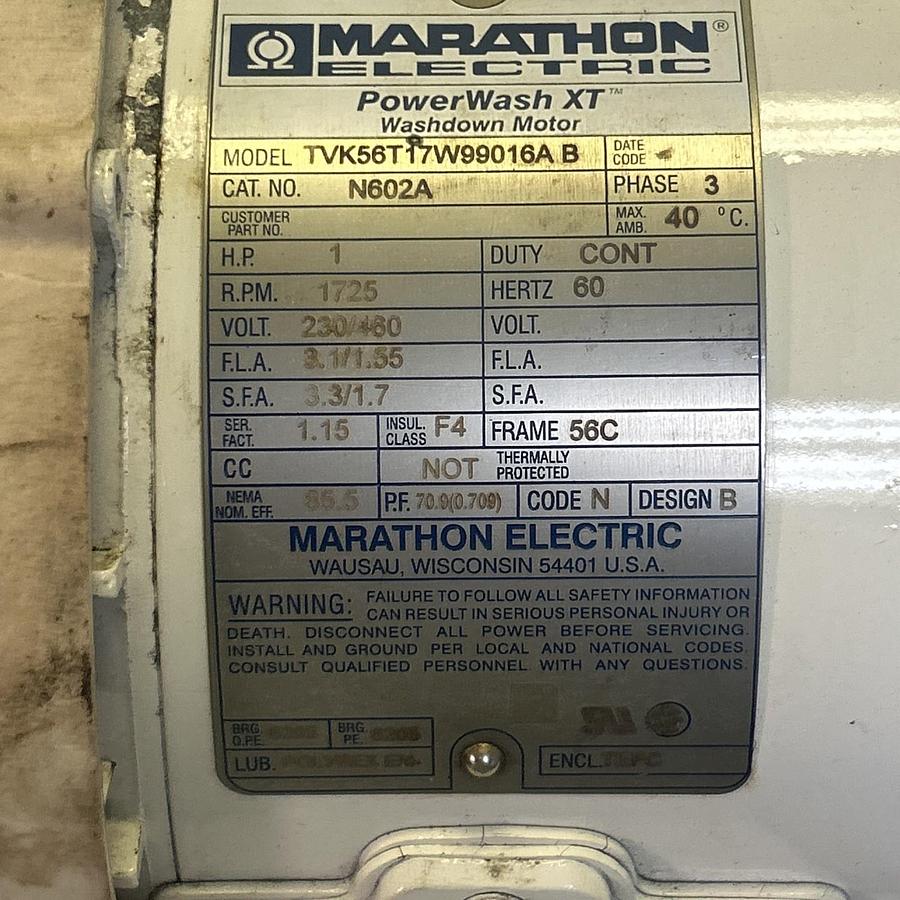 Used MARATHON ELECTRIC,N602A,MOTOR 1HP 230/460V 1725RPM 3PH 56C FRAME